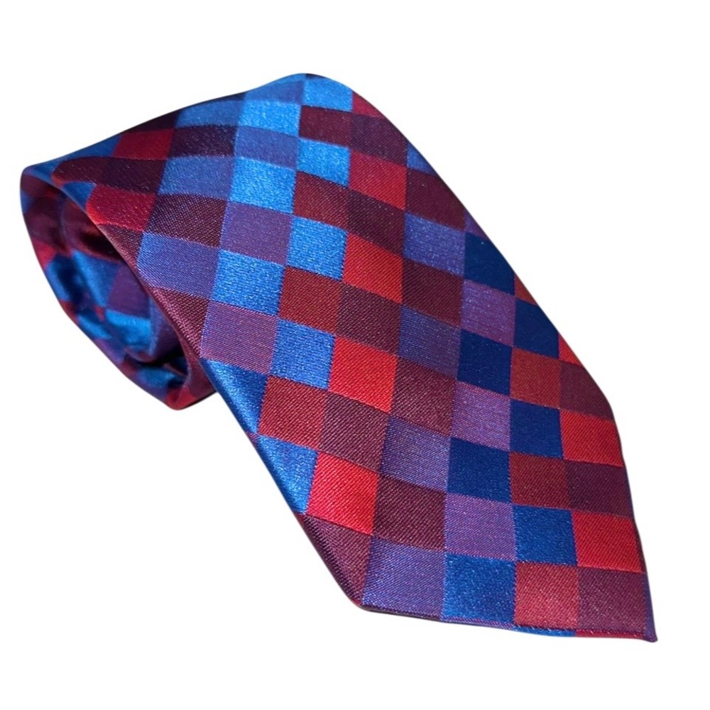 IMANI UOMO Mens Tie 100% Silk Touch Microfiber Argyle Red & Blue 63x3.5” LONG